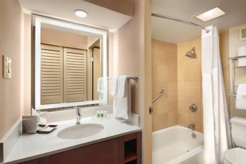 a bathroom with a tub, sink, mirror and shower at Holiday Inn Austin -Town Lake, an IHG Hotel in Austin