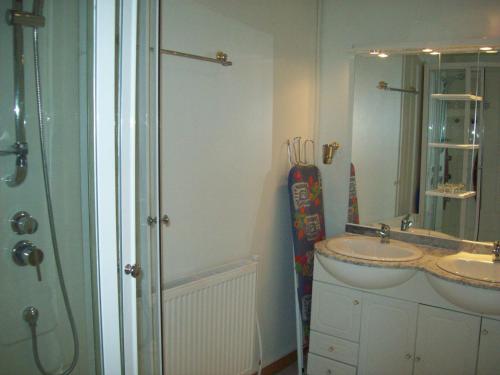 a bathroom with a sink and a snowboard on the wall at Domaine La Fontaine Du Cade in Lagorce