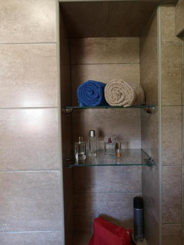a bathroom with a shower with towels on shelves at Paradise apartment - Old town Rab in Rab