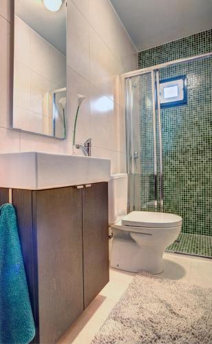 a bathroom with a sink and a toilet and a shower at Casas DeCá & DeLá in Ponte de Lima