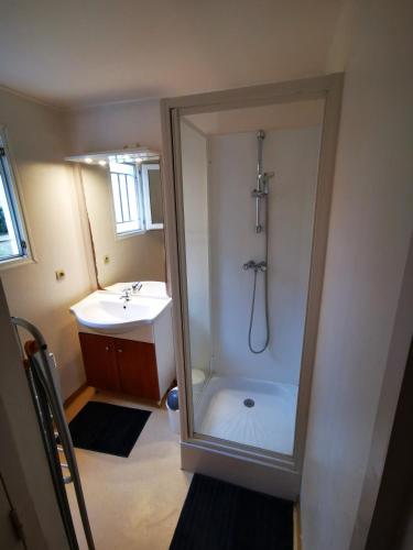 une salle de bain avec douche et lavabo dans l'établissement Maisonnette 5 personnes dans résidence avec piscine, à Soustons