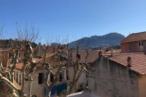 a group of buildings and trees with mountains in the background at DUPLEX EN PLEIN COEUR DU VILLAGE in Cassis