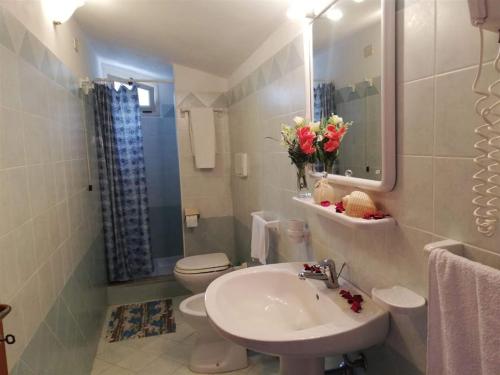 a bathroom with a sink and a toilet and a mirror at Case Vacanze Giardino in Parghelia