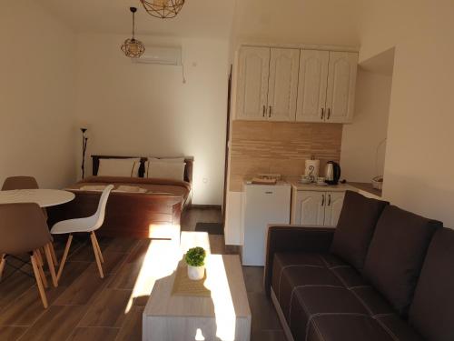 a living room with a couch and a table and a kitchen at Aleksa in Cetinje