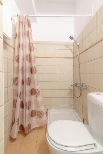 a bathroom with a toilet and a shower curtain at Litsa's Suite in Heraklio