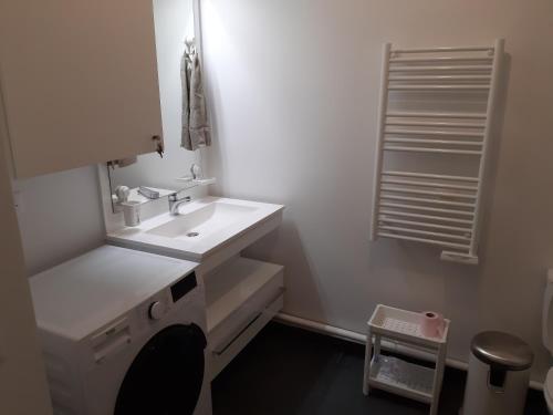 Baño blanco con lavabo y espejo en Appartement haussmannien au bord du lac panorama, en Clamart