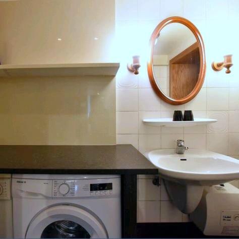 a bathroom with a washing machine and a sink at Huis Den Keibilk in Heuvelland