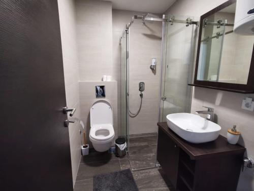 ein Bad mit einer Dusche, einem WC und einem Waschbecken in der Unterkunft La Siesta Apartment in Zlatibor