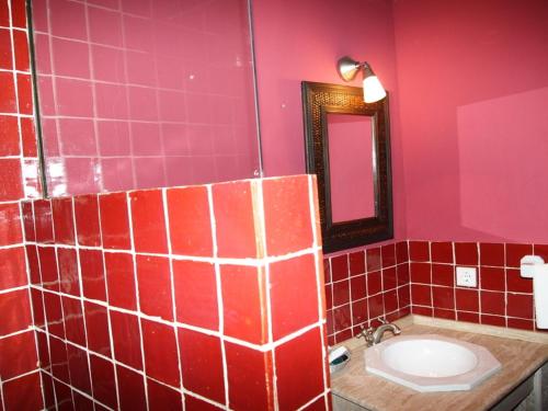a red tiled bathroom with a sink and a mirror at Casa Rural Las Jañonas CC-CR-00219 in Gata
