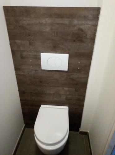 a white toilet in a bathroom with a wooden wall at Fraisier, hotel artres - valenciennes in Quérénaing