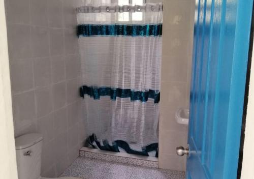 y baño con cortina de ducha y aseo. en SweetWater Resort, en Zamboanguita