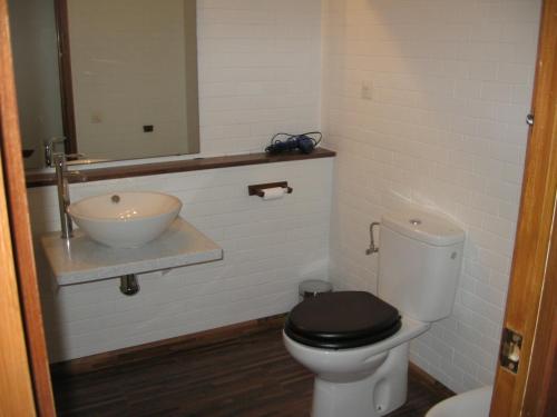 ein Badezimmer mit einem Waschbecken, einem WC und einem Spiegel in der Unterkunft 1ª LINEA DE MAR CON VISTA FANTÁSTICA in L'Ampolla