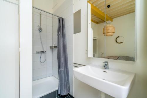 La salle de bains est pourvue d'un lavabo, d'une douche et d'un miroir. dans l'établissement Pakhuis de Venkel, à Zierikzee