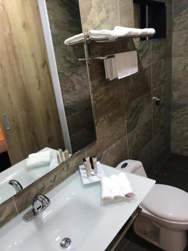 a bathroom with a sink and a toilet and a mirror at HOTEL CASA MAYOR LA 70 in Medellín
