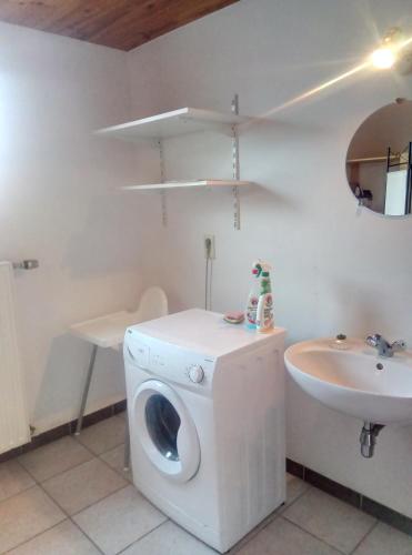 a bathroom with a washing machine and a sink at Gite à la Ferme in Rouvroy