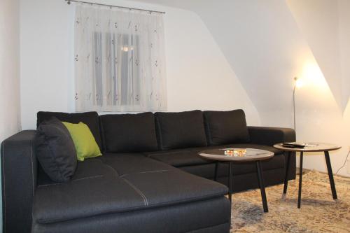 a living room with a black couch and two tables at Ermis Apartments in Metzingen