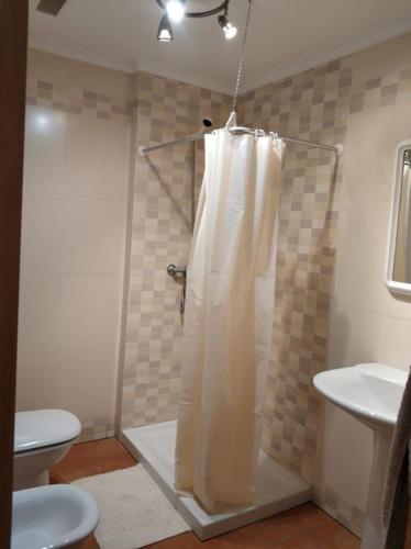 a bathroom with a shower with a shower curtain at Apartamento Playa Catedrales in Barreiros