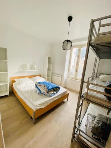 a bedroom with a bunk bed and a ladder at Résidence Les Pâquerettes N3 in Le Mont-Dore
