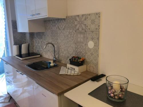 a kitchen with a counter top with a sink and a counter top at Studio Apartment New Home in Zagreb