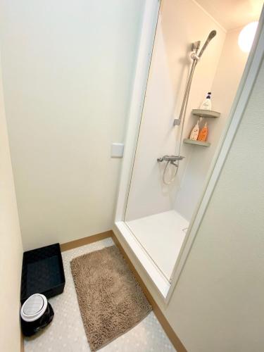 a small bathroom with a shower and a rug at Upper Hotel Ryogoku in Tokyo