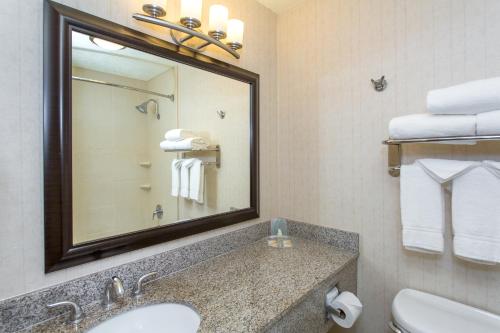 uma casa de banho com lavatório, espelho e toalhas em Holiday Inn Bloomington-University Area, an IHG Hotel em Bloomington