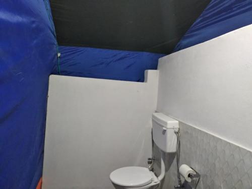 un piccolo bagno con servizi igienici e tenda blu di Royal Riders Camp a Hundar