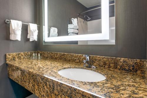 La salle de bains est pourvue d'un lavabo, d'un miroir et de serviettes. dans l'établissement Holiday Inn Auburn, an IHG Hotel, à Auburn