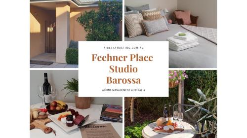 a collage of photos with a table with food and wine at Fechner Place Barossa, 1 Bed, Wine & Platter in Tanunda