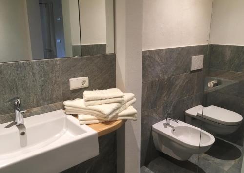 a bathroom with a sink and a toilet and a mirror at Knappnhof in Campo di Trens