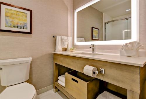 a bathroom with a toilet and a sink with a mirror at Holiday Inn - Nampa by IHG in Nampa