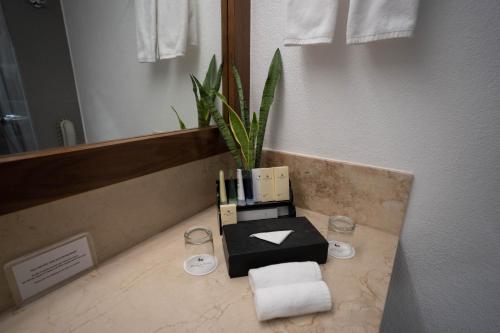 a hotel room bathroom with a towel dispenser and a mirror at Marco Polo Plaza Cebu in Cebu City