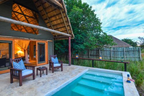 Royal Zambezi Lodge في Mafuta: مسبح مع كرسيين ومنزل