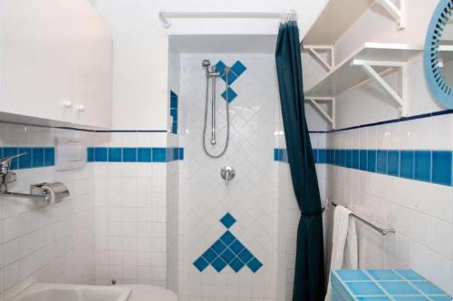 a blue and white bathroom with a shower and a sink at Brasca Amalfi Rosa Canina in Minori