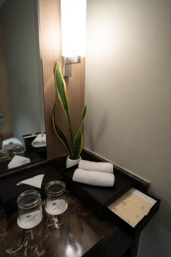 a bathroom with a table with a potted plant on it at Marco Polo Plaza Cebu in Cebu City