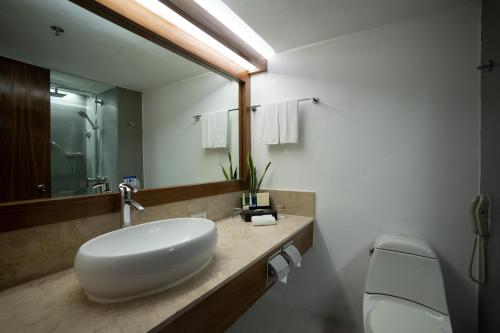 a bathroom with a sink and a toilet and a mirror at Marco Polo Plaza Cebu in Cebu City