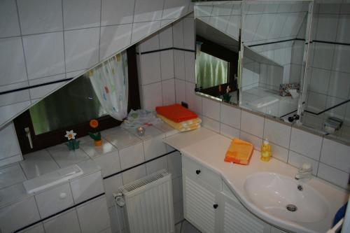 a bathroom with a sink and a mirror at Ferienwohungen Ingrid Gevers in Schneverdingen