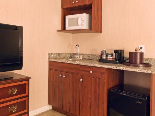 a kitchen with a counter with a sink and a microwave at Buffalo Airport Hotel in Cheektowaga