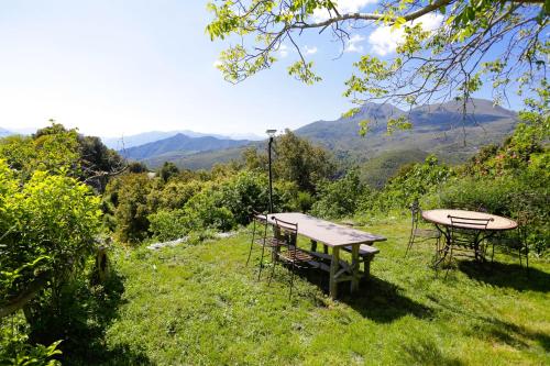 two picnic tables in a field with mountains in the background at Chambre d'hôtes couvent d'Alando in Alando