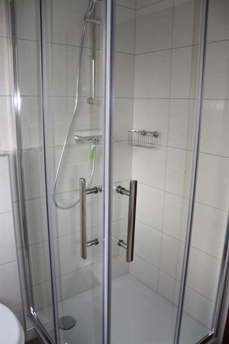 a bathroom with a shower with a glass door at Ferienwohnung Maifeld in Wierschem