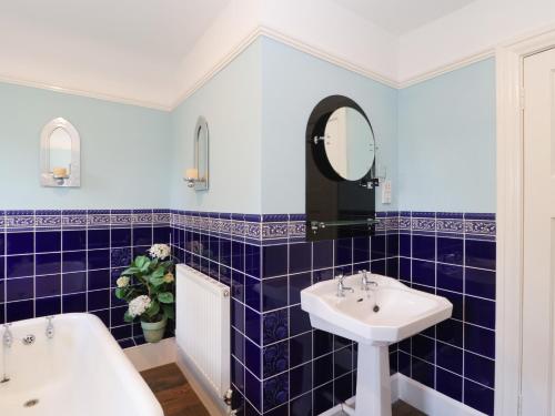uma casa de banho em azulejos azuis com um lavatório e um espelho em Culverfield em Axminster