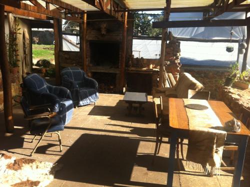 a patio with chairs and a table and a cat sitting on a table at BARE NECESSITIES, NUDIST ONLY VENUE Naturist, clothes free in Swellendam