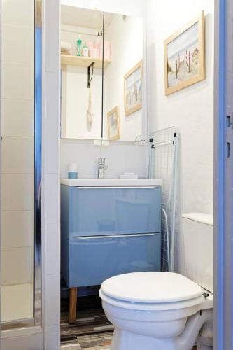 une salle de bain avec un lavabo bleu et des toilettes dans l'établissement La Fleur d Honfleur avec son parking, à Honfleur