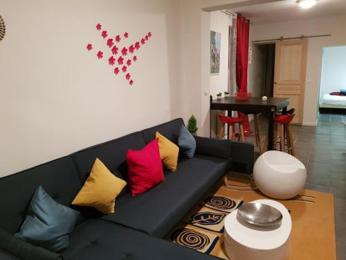 a living room with a black couch with colorful pillows at Appartement moderne Roanne in Roanne