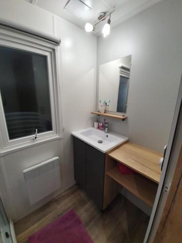 a bathroom with a sink and a mirror and a window at Mobilhome a Gastes in Gastes