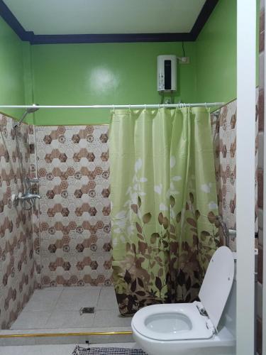 a bathroom with a shower with a toilet and a shower curtain at Stella'z guesthouse in Siquijor