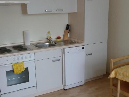 a kitchen with white appliances and a sink at Ferienwohnung Wilsdruff - Kaufbach in Wilsdruff