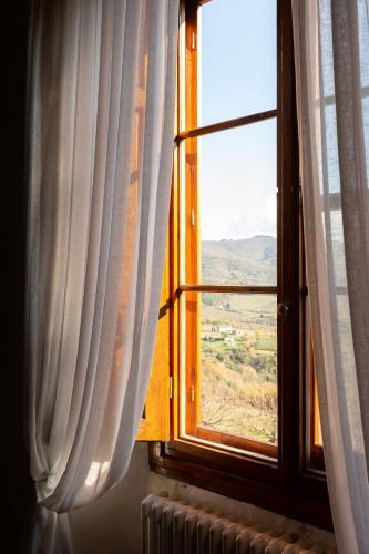 a window with white curtains and a view of a field at Castello Vicchiomaggio in Greve in Chianti