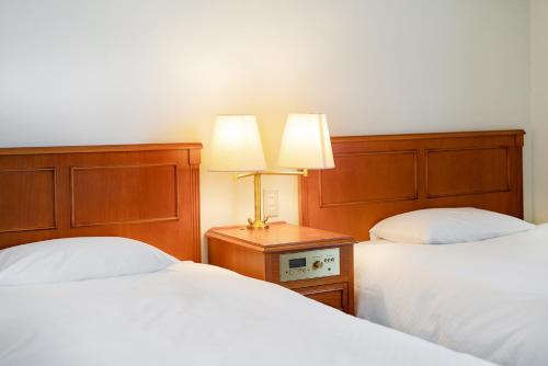 two beds sitting next to each other in a room at Plaza Hotel Premier in Fukuoka