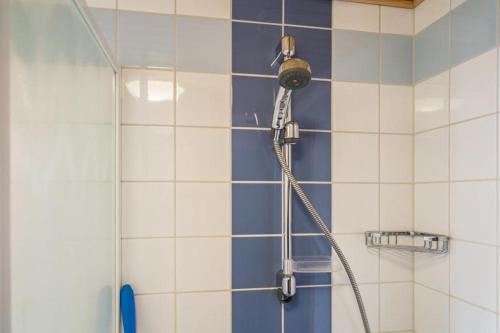 a shower in a bathroom with blue and white tiles at Pointin Vale, Tahko in Kuopio