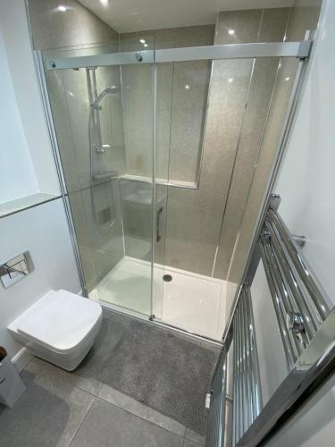 a bathroom with a shower and a toilet at The Smiddy House in Auchterarder